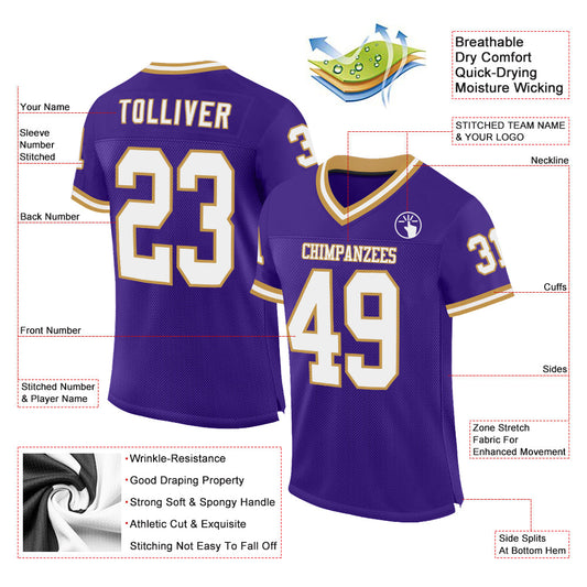 Custom Purple White-Old Gold Mesh Authentic Throwback Football Jersey - Sky-Custom