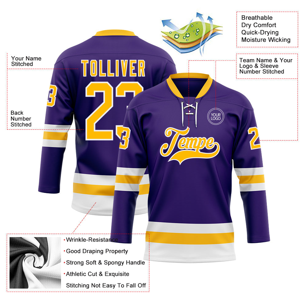 Custom Purple Gold-White Hockey Lace Neck Jersey - Sky-Custom
