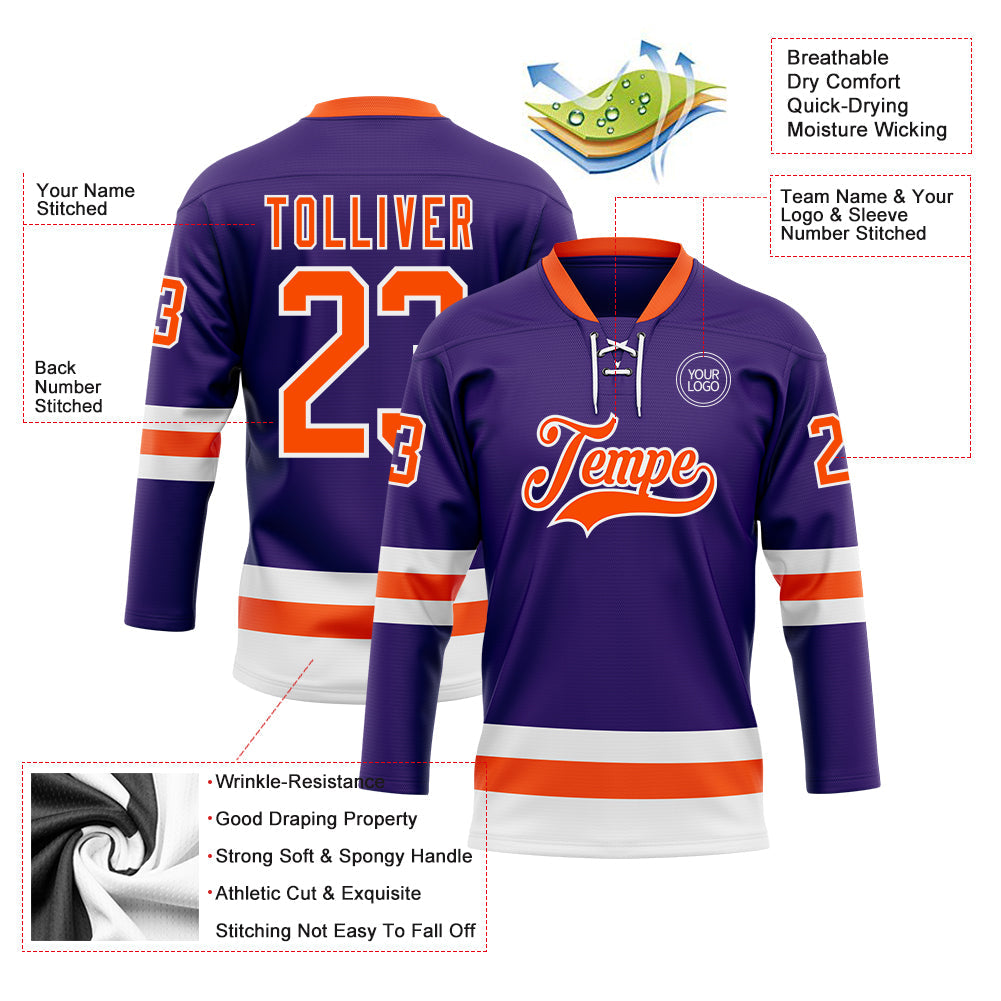 Custom Purple Orange-White Hockey Lace Neck Jersey - Sky-Custom