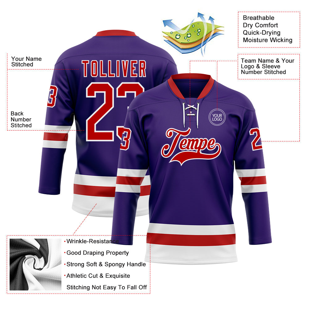 Custom Purple Red-White Hockey Lace Neck Jersey - Sky-Custom