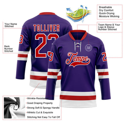 Custom Purple Red-White Hockey Lace Neck Jersey - Sky-Custom