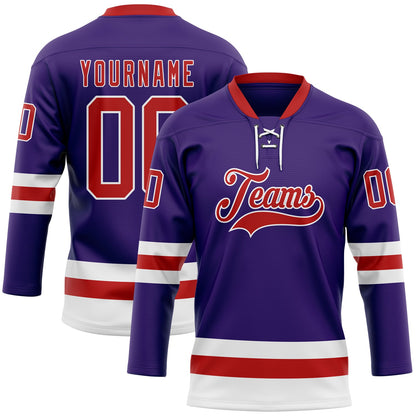 Custom Purple Red-White Hockey Lace Neck Jersey - Sky-Custom