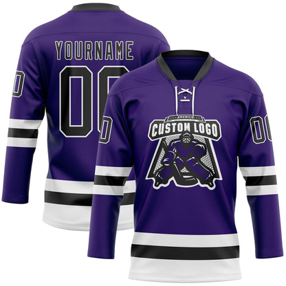 Custom Purple Black-White Hockey Lace Neck Jersey - Sky-Custom