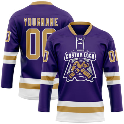 Custom Purple Old Gold-White Hockey Lace Neck Jersey - Sky-Custom