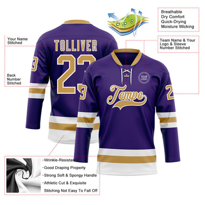 Custom Purple Old Gold-White Hockey Lace Neck Jersey - Sky-Custom