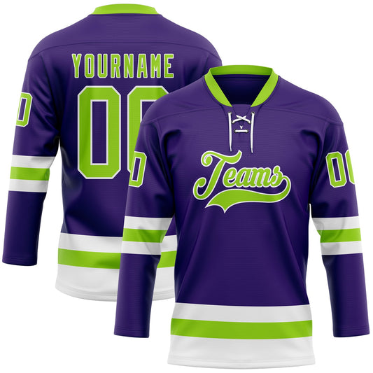 Custom Purple Neon Green-White Hockey Lace Neck Jersey - Sky-Custom