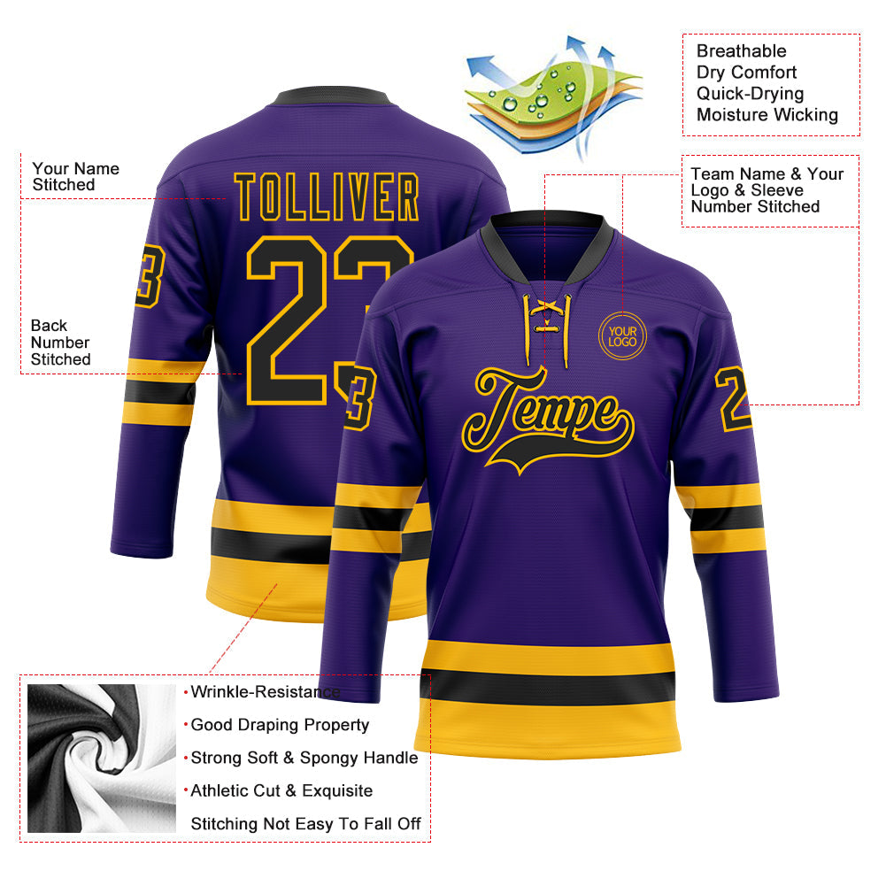 Custom Purple Black-Gold Hockey Lace Neck Jersey - Sky-Custom