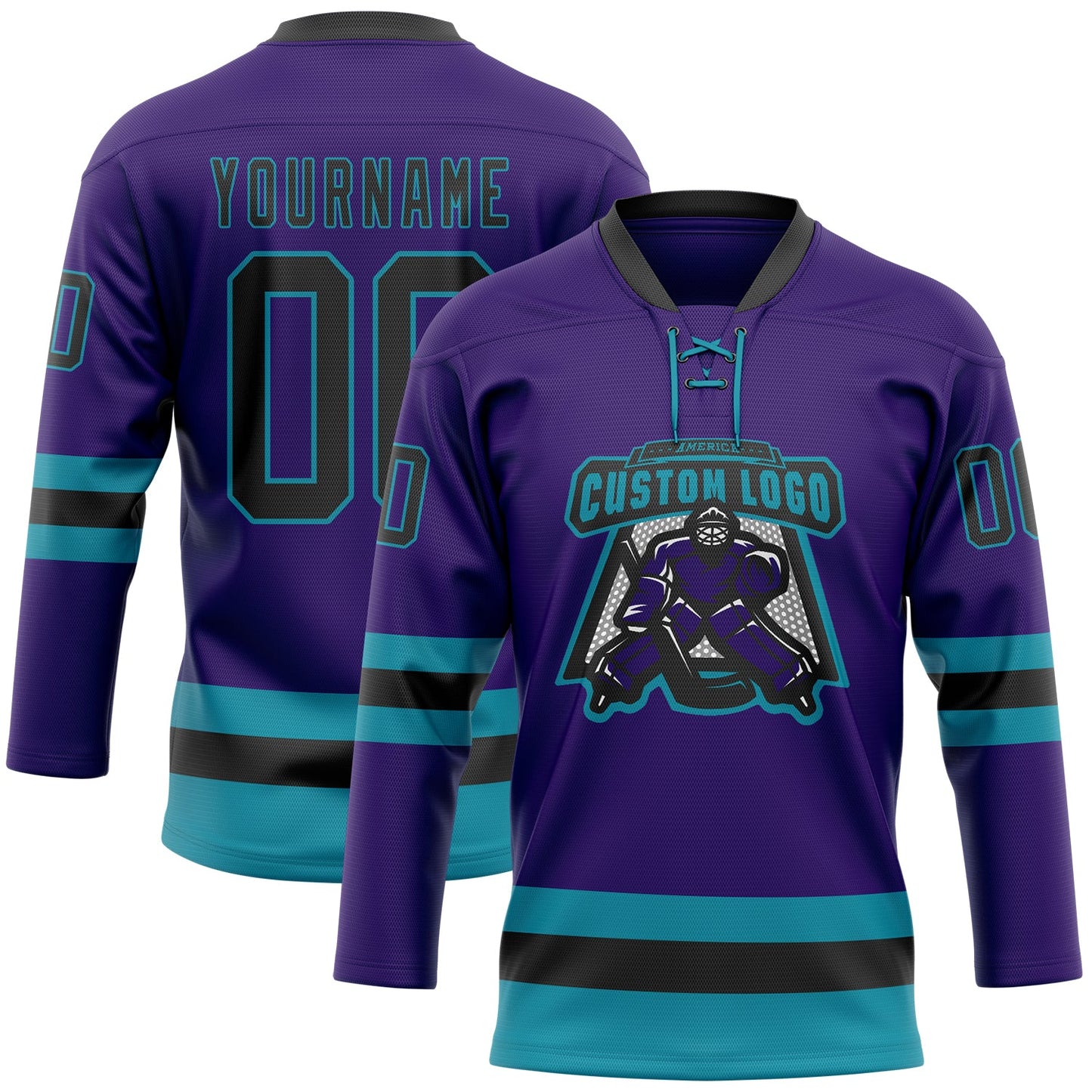 Custom Purple Black-Teal Hockey Lace Neck Jersey - Sky-Custom