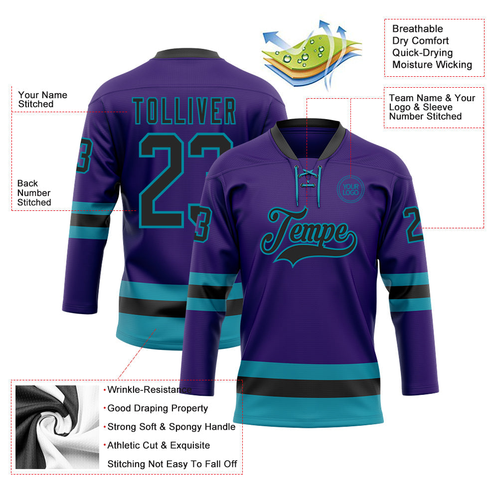 Custom Purple Black-Teal Hockey Lace Neck Jersey - Sky-Custom