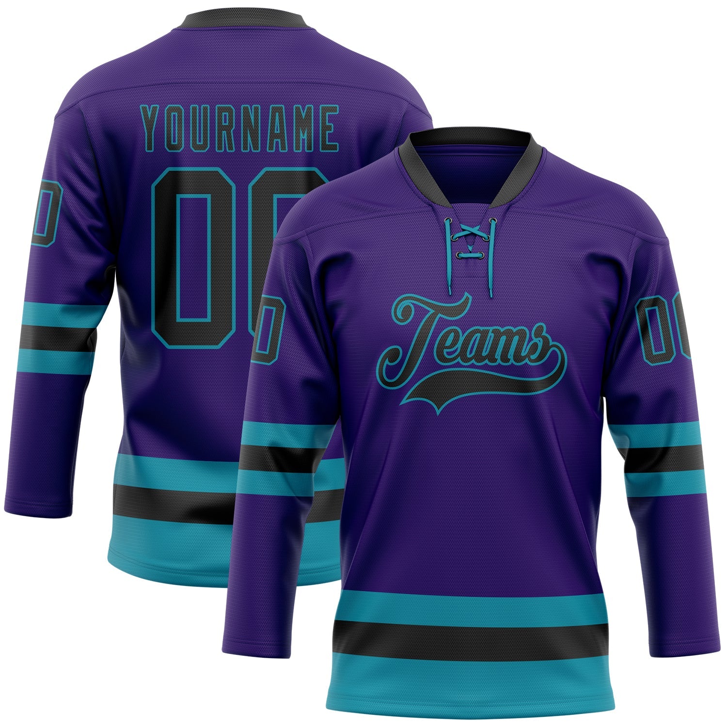 Custom Purple Black-Teal Hockey Lace Neck Jersey - Sky-Custom