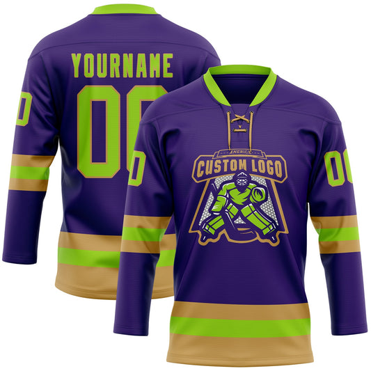 Custom Purple Neon Green-Old Gold Hockey Lace Neck Jersey - Sky-Custom