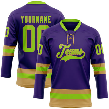 Custom Purple Neon Green-Old Gold Hockey Lace Neck Jersey - Sky-Custom