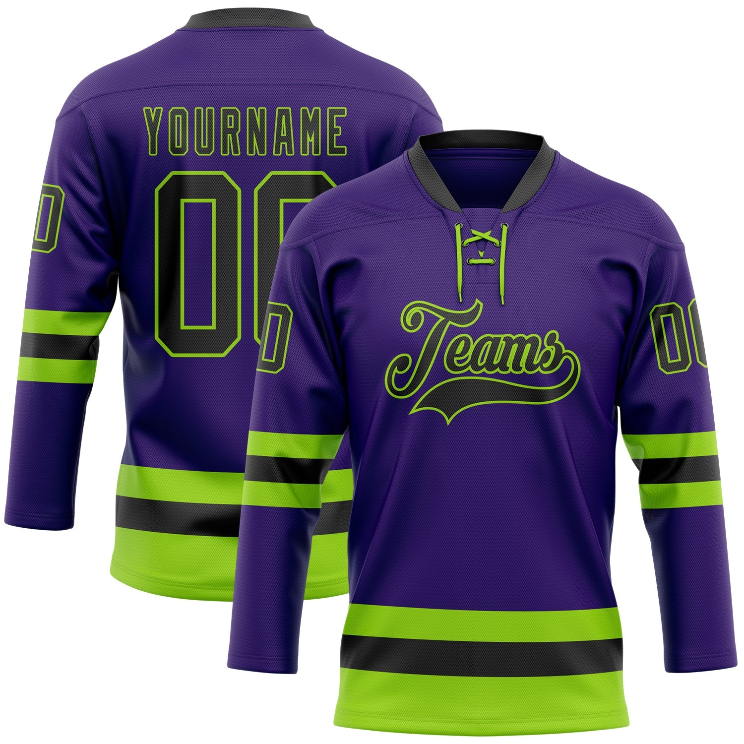 Custom Purple Black-Neon Green Hockey Lace Neck Jersey - Sky-Custom