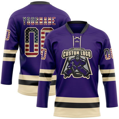 Custom Purple Vintage USA Flag Cream-Black Hockey Lace Neck Jersey - Sky-Custom
