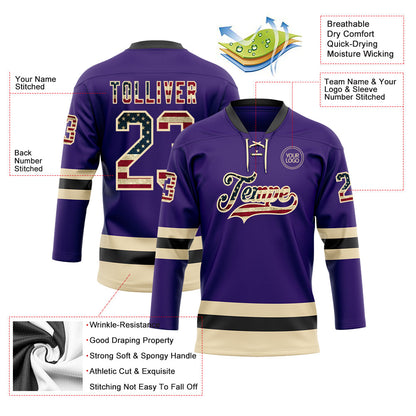 Custom Purple Vintage USA Flag Cream-Black Hockey Lace Neck Jersey - Sky-Custom