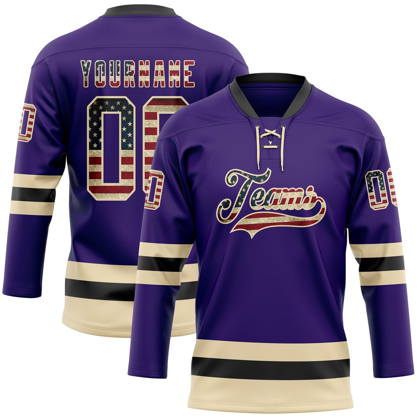 Custom Purple Vintage USA Flag Cream-Black Hockey Lace Neck Jersey - Sky-Custom