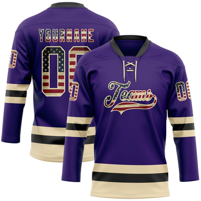 Custom Purple Vintage USA Flag Cream-Black Hockey Lace Neck Jersey - Sky-Custom