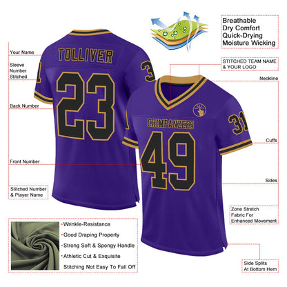 Custom Purple Black-Old Gold Mesh Authentic Throwback Football Jersey - Sky-Custom