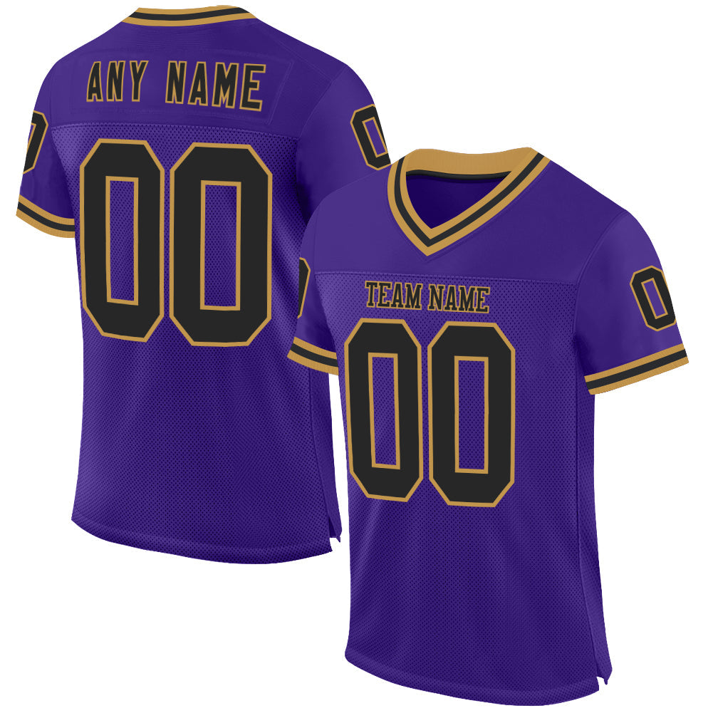 Custom Purple Black-Old Gold Mesh Authentic Throwback Football Jersey - Sky-Custom