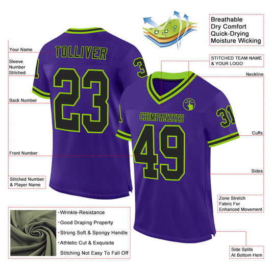 Custom Purple Black-Neon Green Mesh Authentic Throwback Football Jersey - Sky-Custom