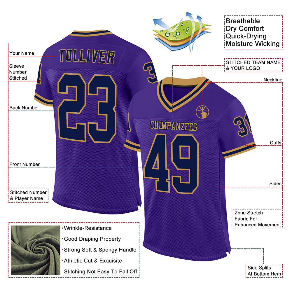 Custom Purple Navy-Old Gold Mesh Authentic Throwback Football Jersey - Sky-Custom