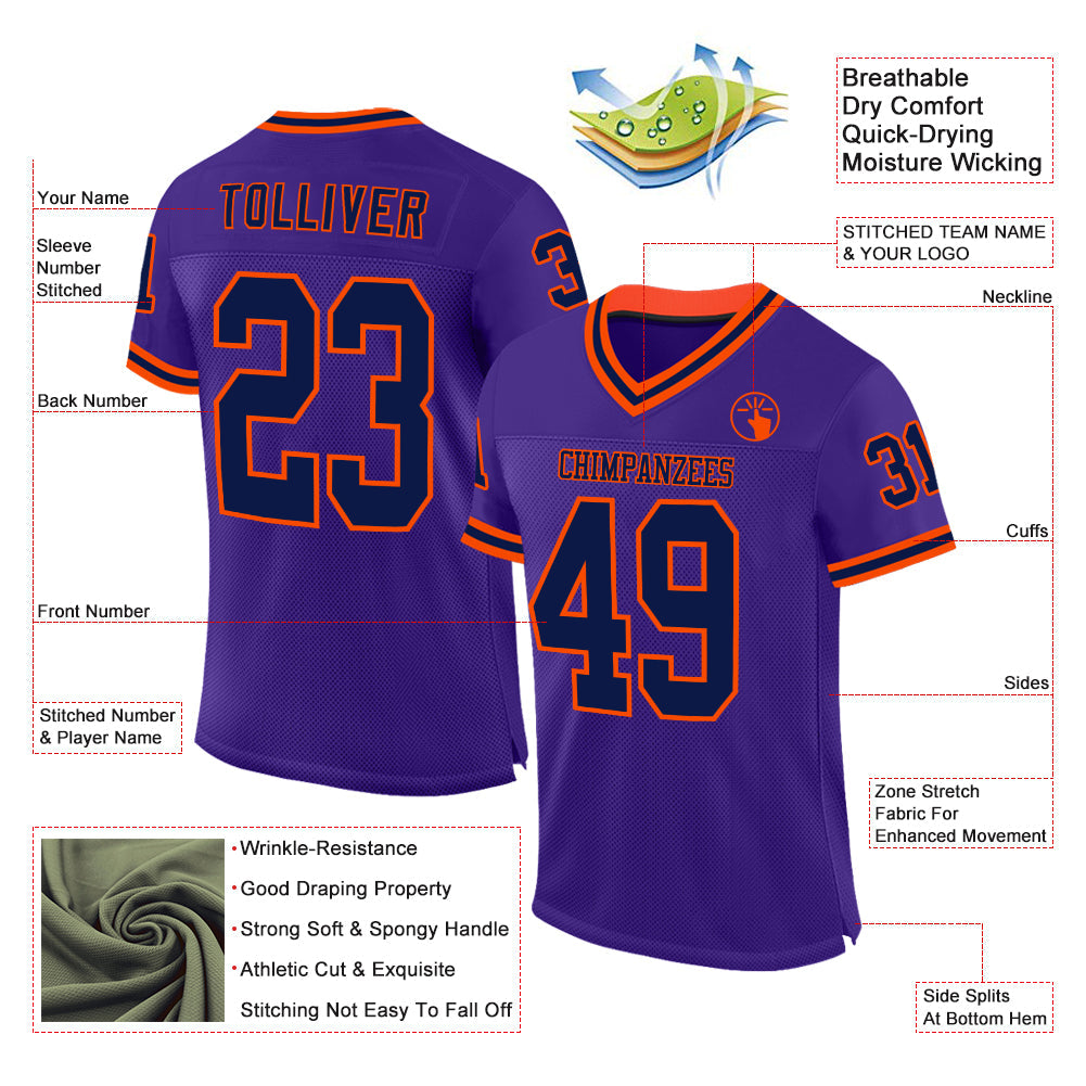 Custom Purple Navy-Orange Mesh Authentic Throwback Football Jersey - Sky-Custom