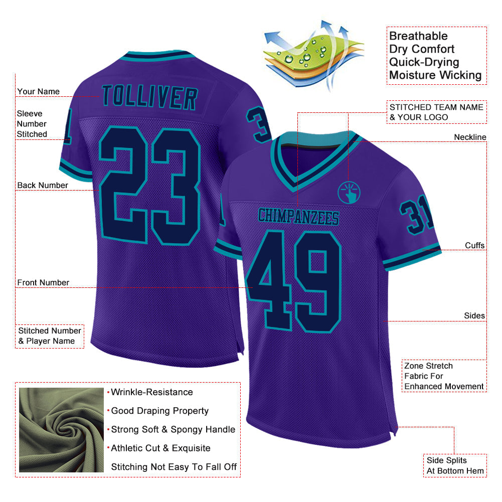 Custom Purple Navy-Teal Mesh Authentic Throwback Football Jersey - Sky-Custom