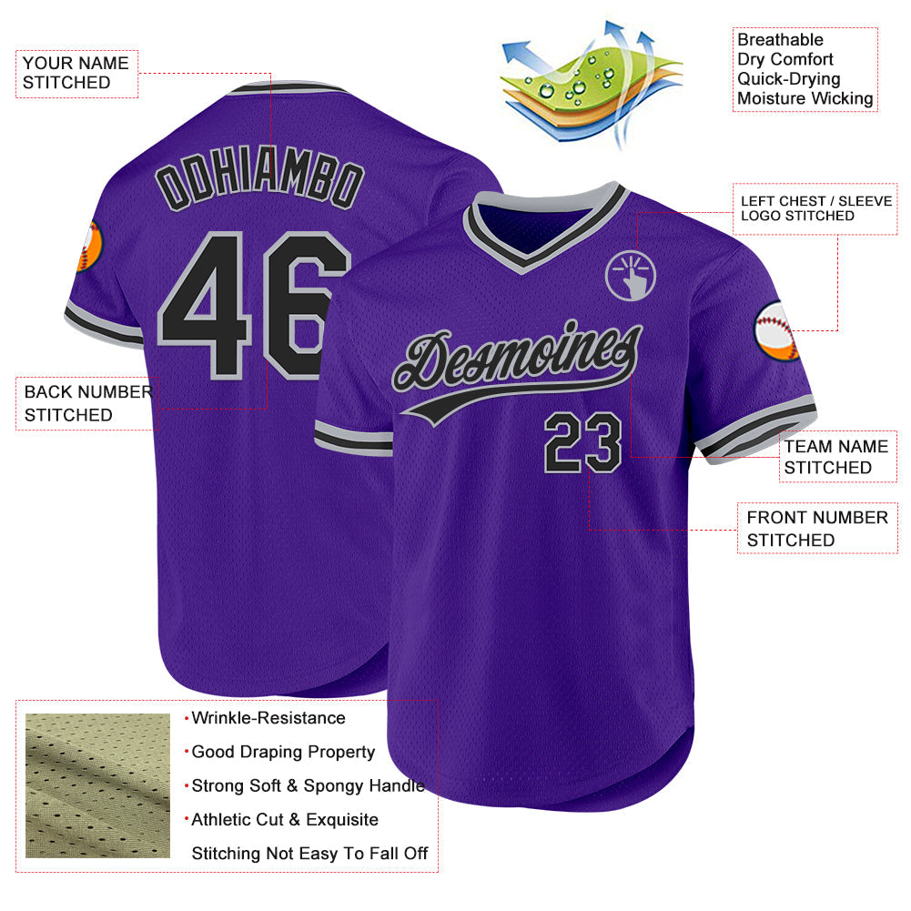 Custom Purple Black-Gray Authentic Throwback Baseball Jersey - Sky-Custom