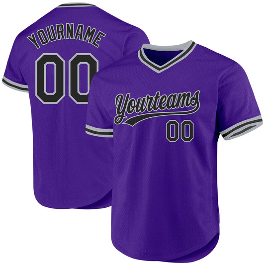 Custom Purple Black-Gray Authentic Throwback Baseball Jersey - Sky-Custom