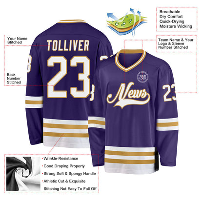 Custom Purple White-Old Gold Hockey Jersey - Sky-Custom