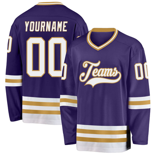 Custom Purple White-Old Gold Hockey Jersey - Sky-Custom