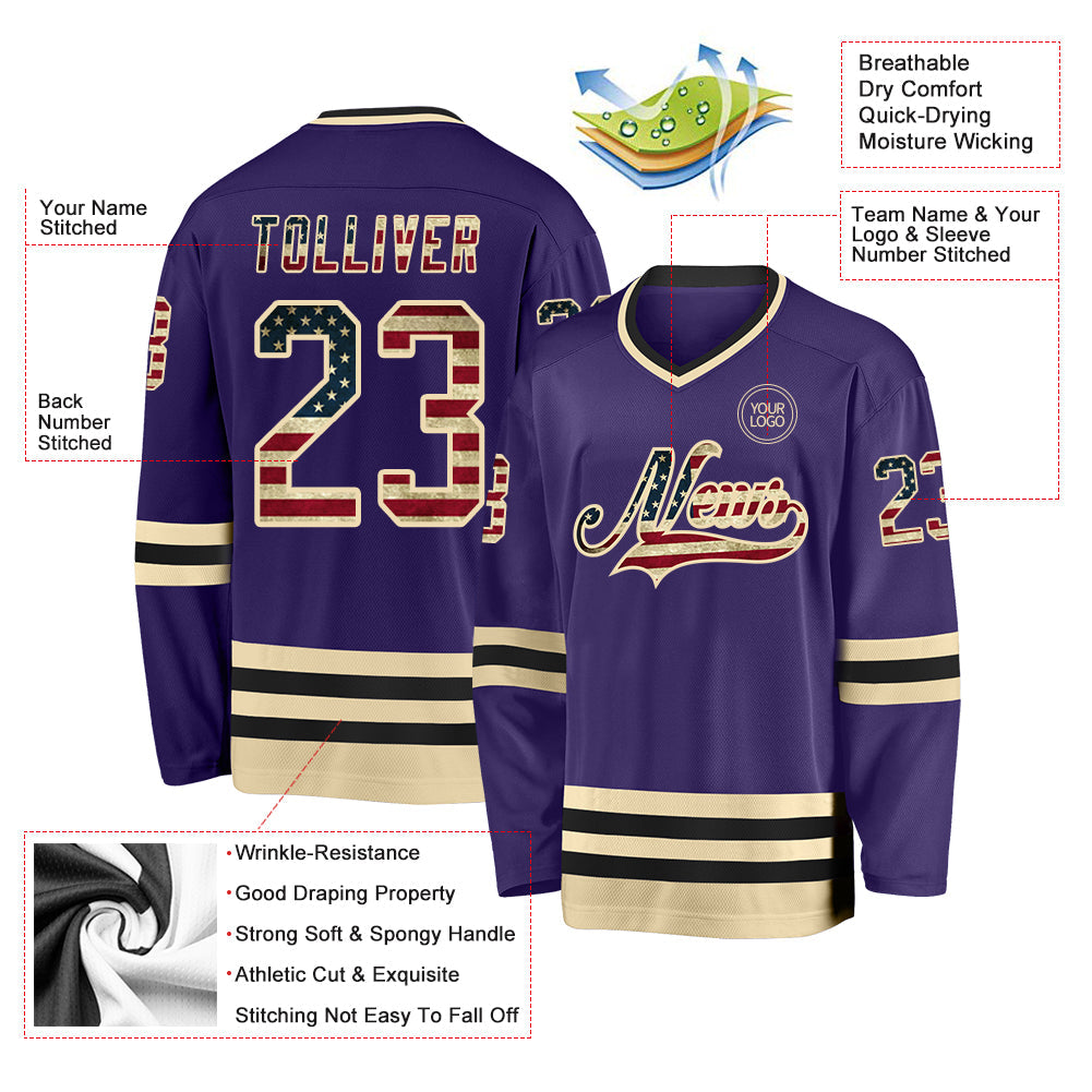Custom Purple Vintage USA Flag Cream-Black Hockey Jersey - Sky-Custom