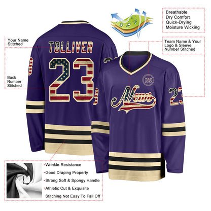 Custom Purple Vintage USA Flag Cream-Black Hockey Jersey - Sky-Custom