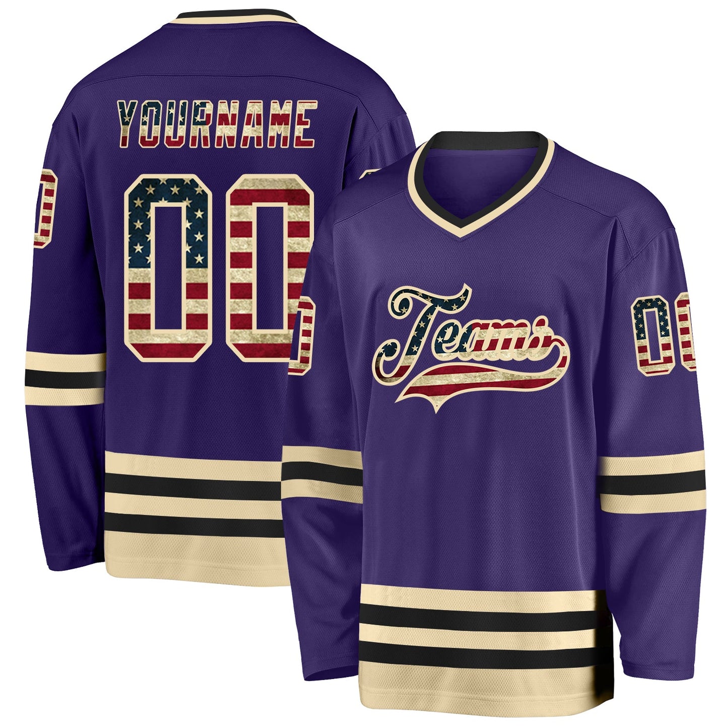 Custom Purple Vintage USA Flag Cream-Black Hockey Jersey - Sky-Custom