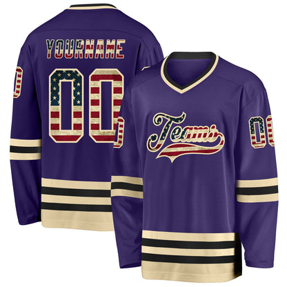 Custom Purple Vintage USA Flag Cream-Black Hockey Jersey - Sky-Custom