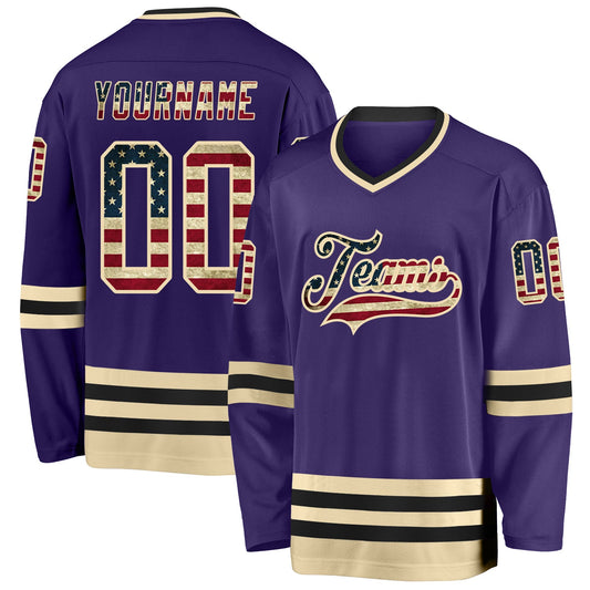 Custom Purple Vintage USA Flag Cream-Black Hockey Jersey - Sky-Custom