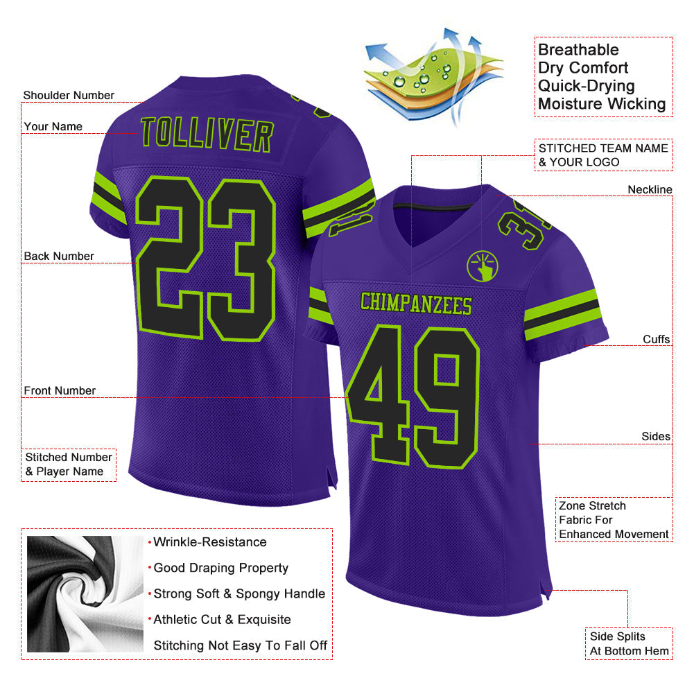 Custom Purple Black-Neon Green Mesh Authentic Football Jersey - Sky-Custom