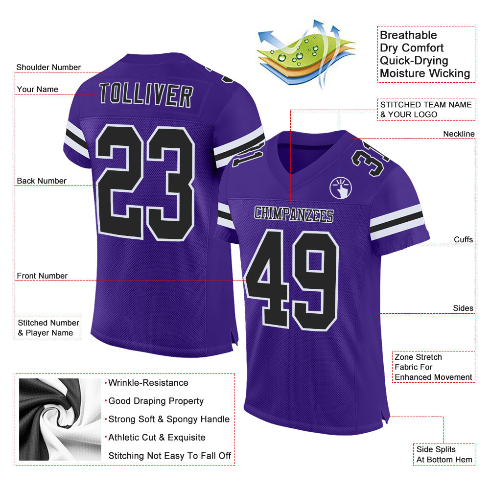 Custom Purple Black-White Mesh Authentic Football Jersey - Sky-Custom