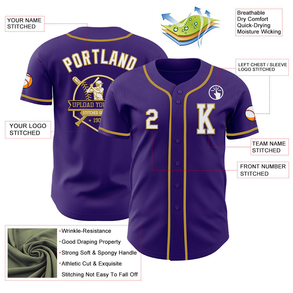 Custom Purple White-Old Gold Authentic Baseball Jersey - Sky-Custom