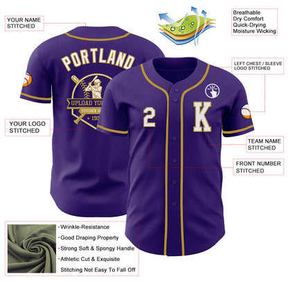 Custom Purple White-Old Gold Authentic Baseball Jersey - Sky-Custom