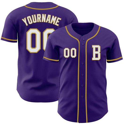 Custom Purple White-Old Gold Authentic Baseball Jersey - Sky-Custom