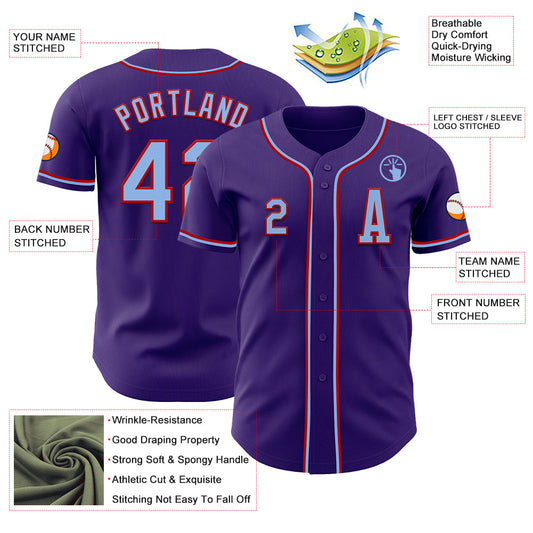 Custom Purple Light Blue-Red Authentic Baseball Jersey - Sky-Custom