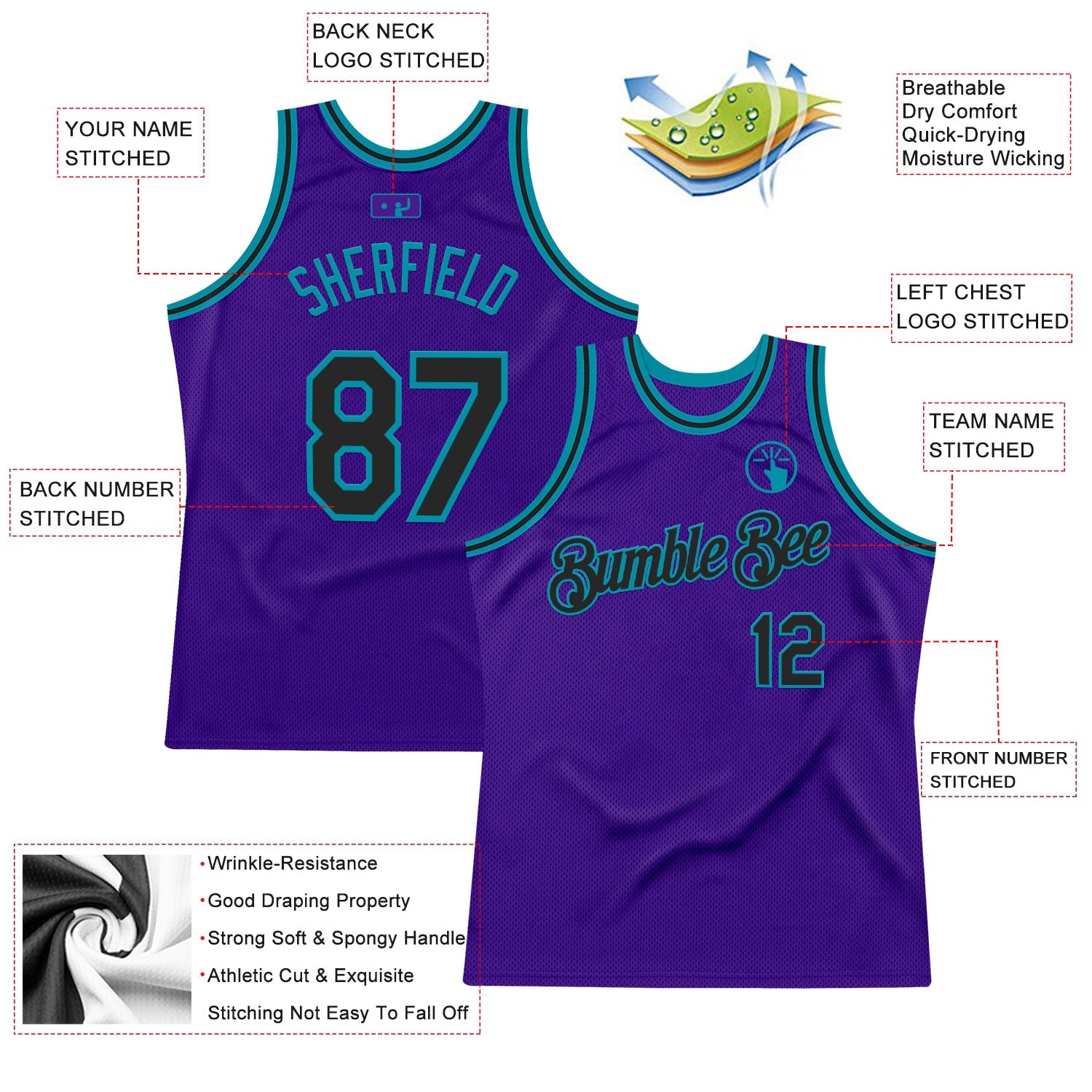 Custom Purple Black-Teal Authentic Throwback Basketball Jersey - Sky-Custom