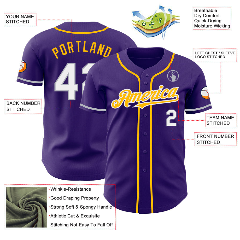 Custom Purple White Gray-Gold Authentic Baseball Jersey - Sky-Custom