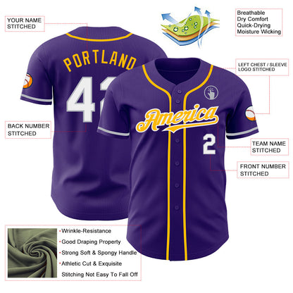 Custom Purple White Gray-Gold Authentic Baseball Jersey - Sky-Custom