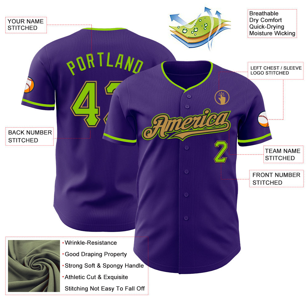 Custom Purple Neon Green Black-Old Gold Authentic Baseball Jersey - Sky-Custom