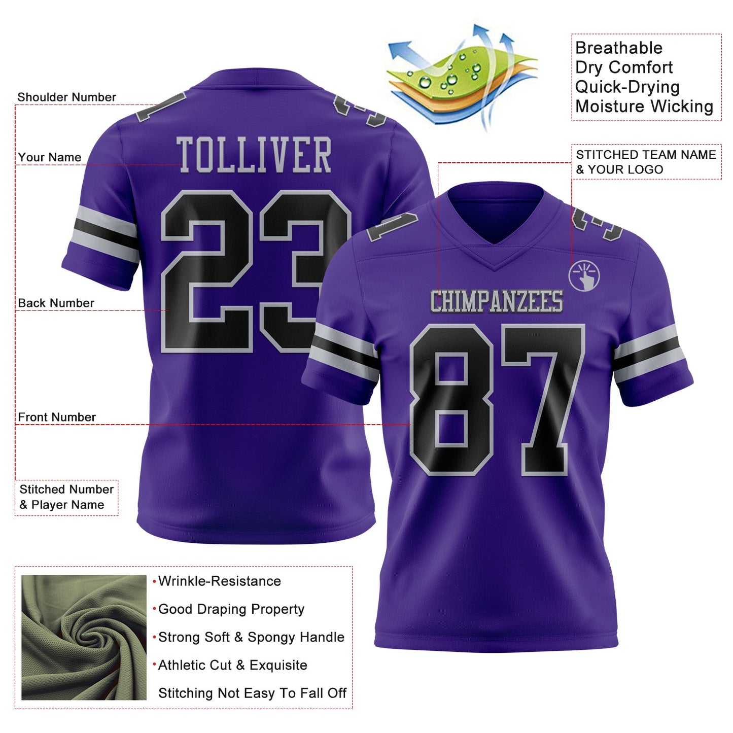Custom Purple Black-Gray Mesh Authentic Football Jersey - Sky-Custom