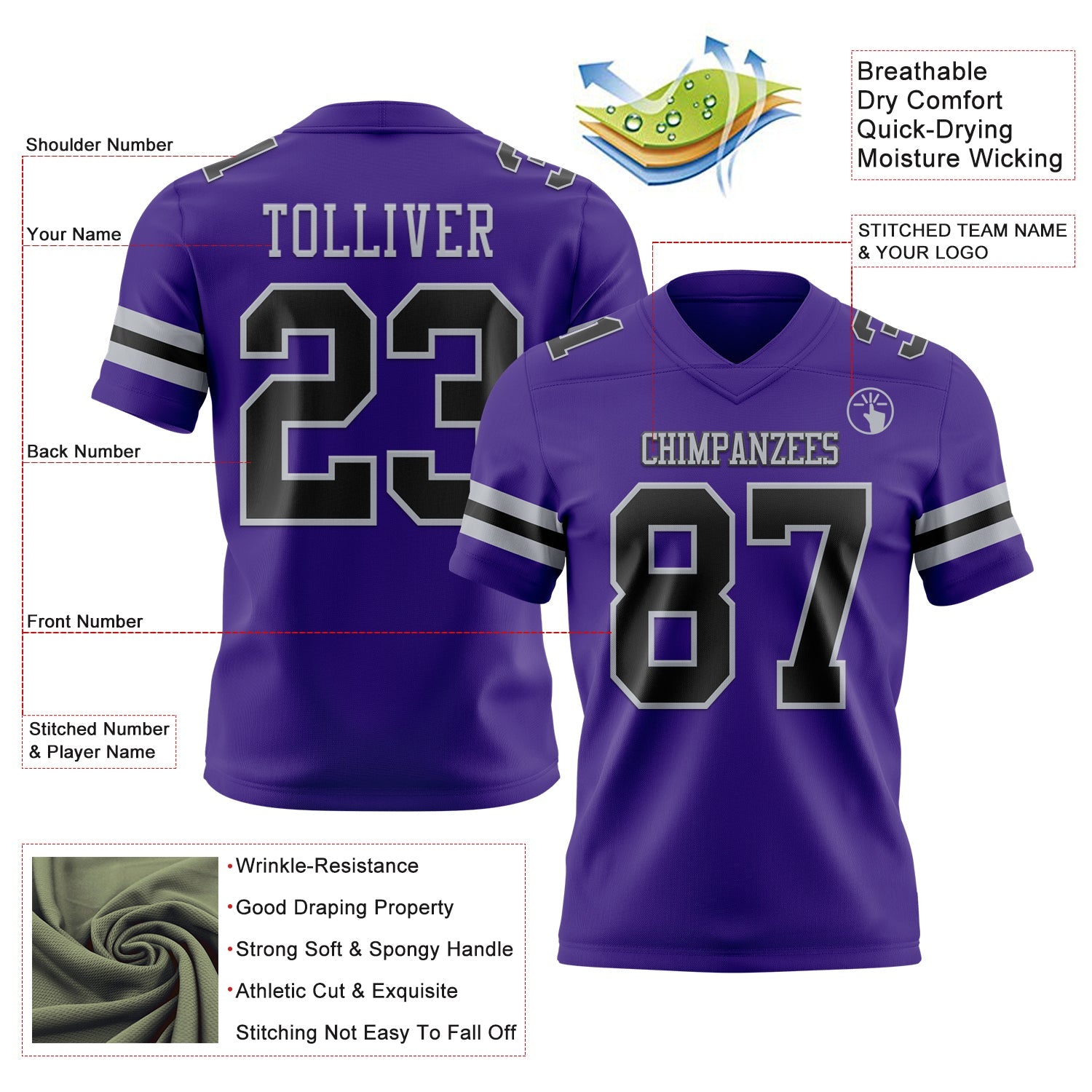 Custom Purple Black-Gray Mesh Authentic Football Jersey - Sky-Custom