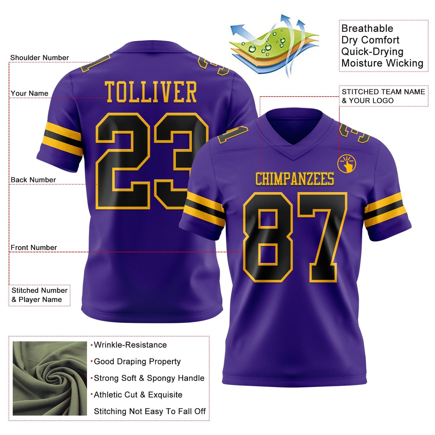 Custom Purple Black-Gold Mesh Authentic Football Jersey - Sky-Custom