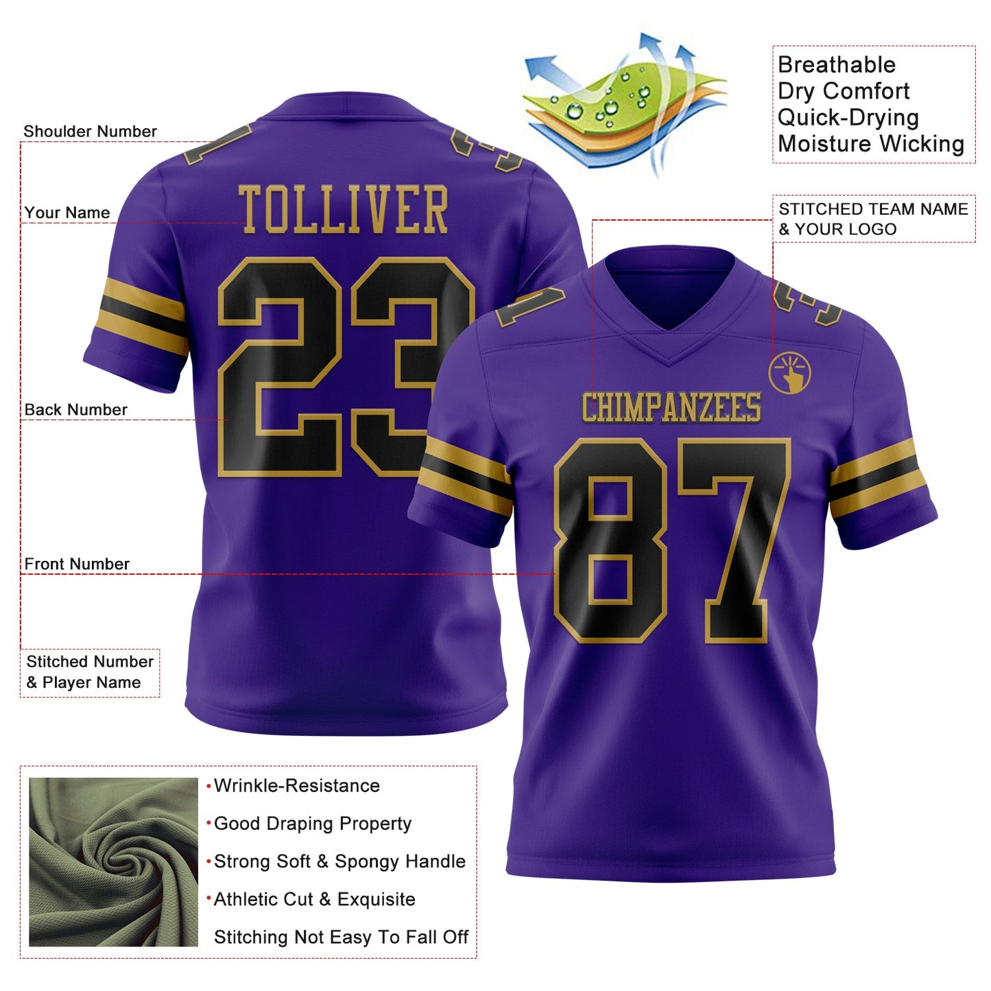 Custom Purple Black-Old Gold Mesh Authentic Football Jersey - Sky-Custom